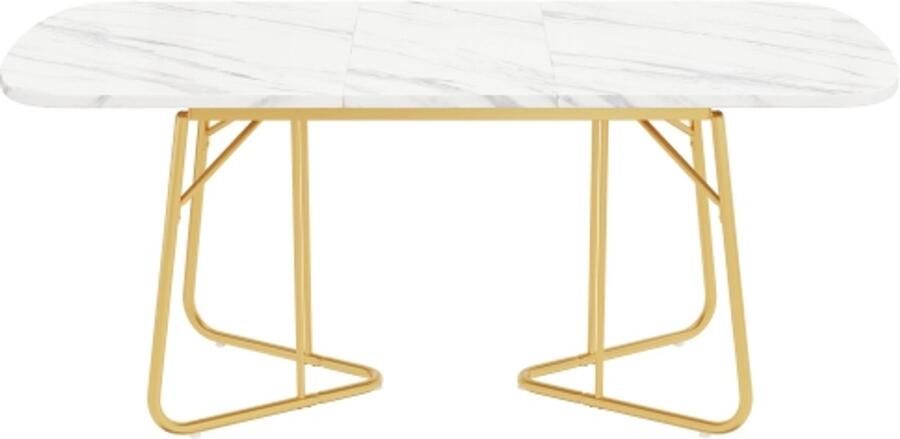 Eettafel 140x80x75 cm Rechthoekig Wit MDF Uitbreidbaar Marmerstructuur Vergulde Metalen Poten Luxe Stijl Geschikt Voor 4-6 Personen