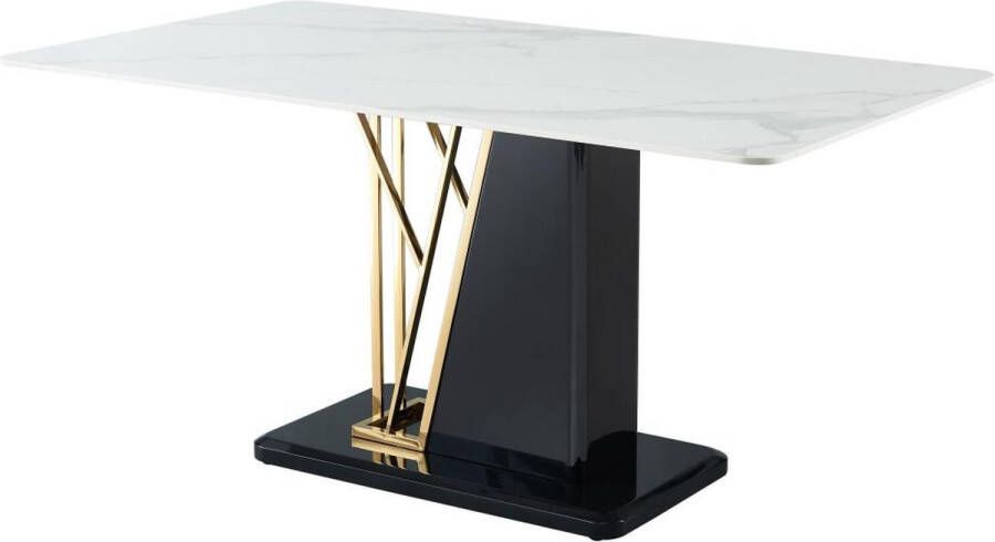Vente-unique Eettafel 6 personen van keramiek en mdf Wit goudkleurig en zwart gelakt marmereffect BALLARAT L 160 cm x H 76 cm x D 90 cm - Foto 2