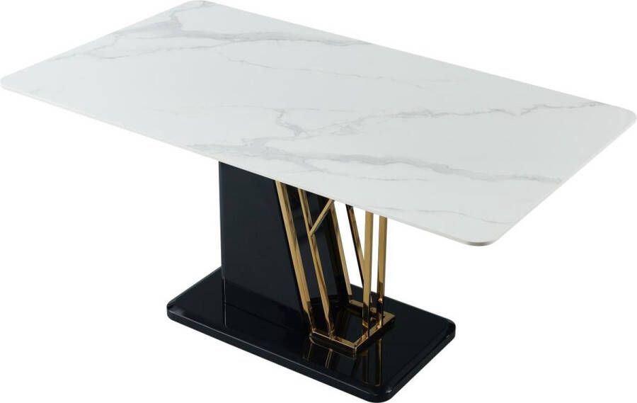 Vente-unique Eettafel 6 personen van keramiek en mdf Wit goudkleurig en zwart gelakt marmereffect BALLARAT L 160 cm x H 76 cm x D 90 cm - Foto 4