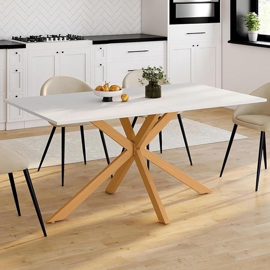 Eettafel Alix rechthoekig voor 8 personen – Hout en wit met spinnenvoet inclusief Gisele dienblad 160 cm