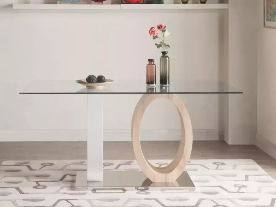 Vente-unique Eettafel AYANE gehard glas en MDF Eik en wit L 160 cm x H 76 cm x D 90 cm - Foto 4