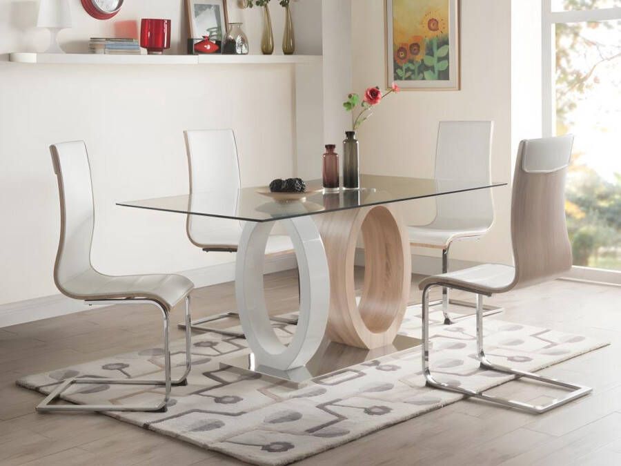 Vente-unique Eettafel AYANE gehard glas en MDF Eik en wit L 160 cm x H 76 cm x D 90 cm