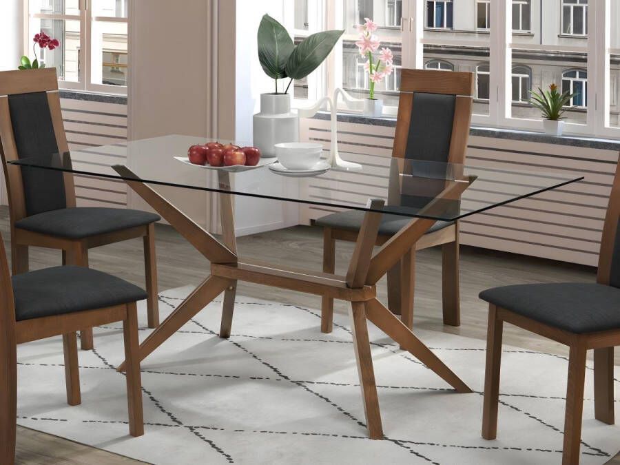 Vente-unique Eettafel BELINDA 6 personen Gehard glas en beukenhout L 180 cm x H 75 cm x D 90 cm