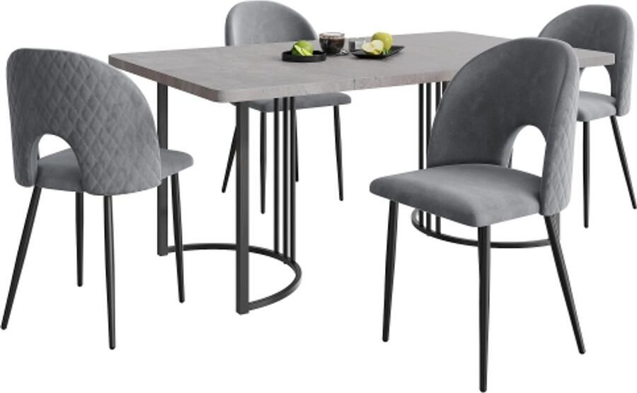 Eettafel En Stoelen Set 5-delig 140x80x75cm Grijs MDF Fluweel Met Verstelbare Metalen Poten Modern Ontwerp Voor Keuken Eetkamer