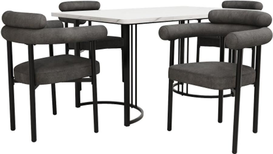 Eettafel En Stoelen Set 5-delig 140x80x75cm Grijs Wit MDF Metaal Wildleren Stof Stijlvol Comfortabel Geschikt Voor Restaurants