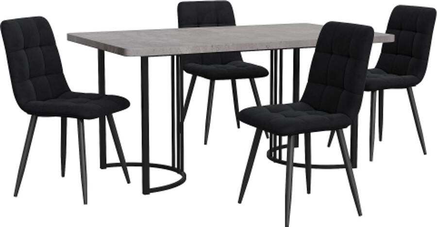 Eettafel En Stoelen Set 5-delig 140x80x75cm Grijs Zwart MDF Fluweel Met Metalen Poten Stoelen Modern Ontwerp Voor Keuken Eetkamer
