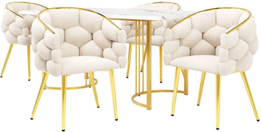 Eettafel En Stoelen Set 5-delig 140x80x75cm Wit Beige MDF Tafel Met Marmerpatroon Fluwelen Stoelen Met Metalen Poten Modern Ontwerp Geschikt Voor Keuken Eetkamer