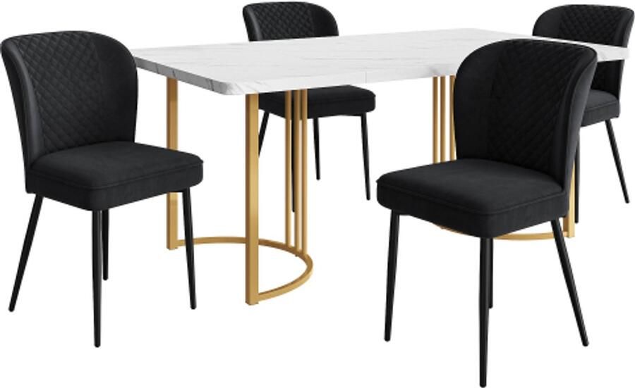 Eettafel En Stoelen Set 5-delig 140x80x75cm Zwart Fluwelen Stoelen Wit MDF Tafelblad Met Gouden Poten Modern Ontwerp Geschikt Voor Keuken Eetkamer