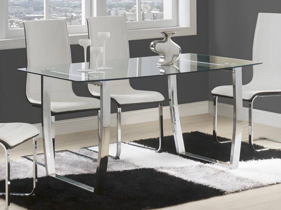 Eettafel IMELDA 6 personen Gehard glas en verchroomd metaal L 150 cm x H 75 cm x D 90 cm