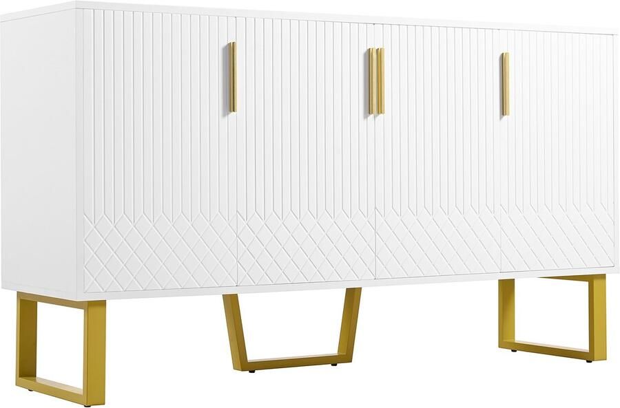 Eettafel kast opbergkast met 4 deuren en metalen kastpoten handgrepen hoogglans geometrisch patroon op het oppervlak 140x40x80 cm wit