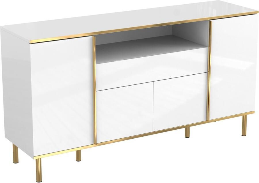 Eettafel kast opbergkast met kleurveranderende LED-verlichting 1 lade en 4 deuren hoogglans oppervlak gecombineerd met gouden decoratie 150 x 40 x 80 cm wit