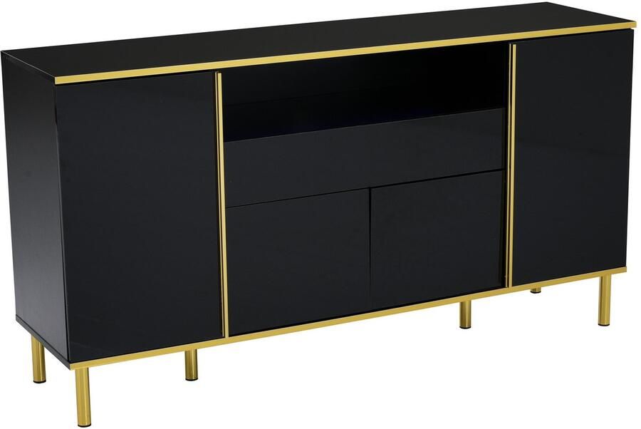 Eettafel kast opbergkast met kleurveranderende LED-verlichting 1 lade en 4 deuren hoogglans oppervlak gecombineerd met gouden decoratie 150 x 40 x 80 cm zwart