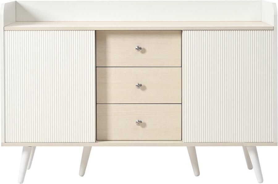 Eettafel kast opbergkast zijkast met 3 lades en 2 schuifdeuren verhoogde rand aan de bovenkant modern minimalistisch ontwerp geschikt voor de slaapkamer of woonkamer 117 5 x 39 5 x 79 cm houtkleur + wit