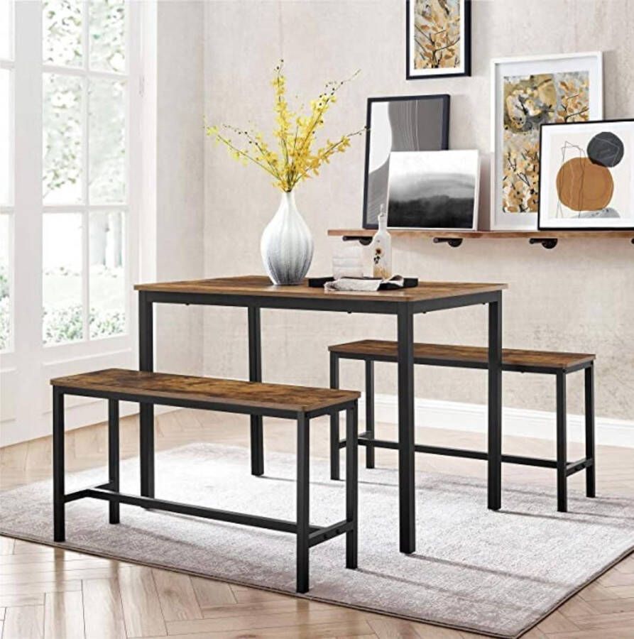 FurnStar Eettafel keukentafel set 110 x 70 x 75 cm met 2 banken elk 97 x 30 x 50 cm metalen frame voor keuken woonkamer eetkamer industrieel ontwerp vintage bruin-zwart