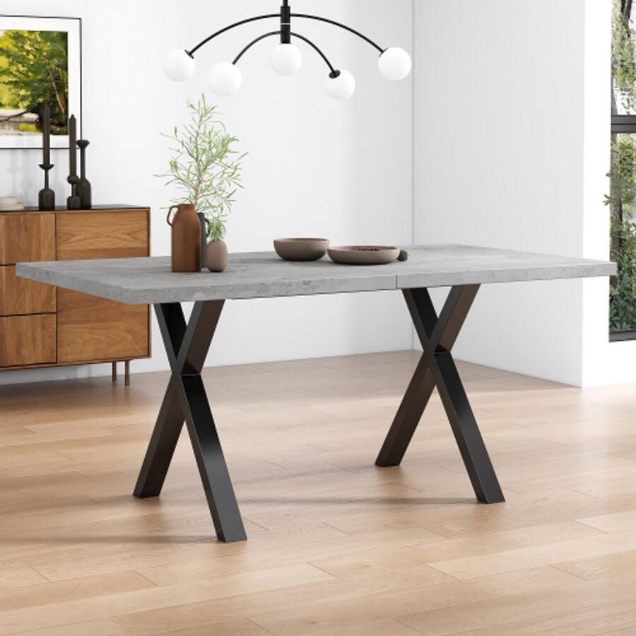 Eettafel kruispootontwerp rechthoekige eettafel salontafel modern eenvoudige smeedijzeren eettafel L140*B80*H76cm betonlook + zwart