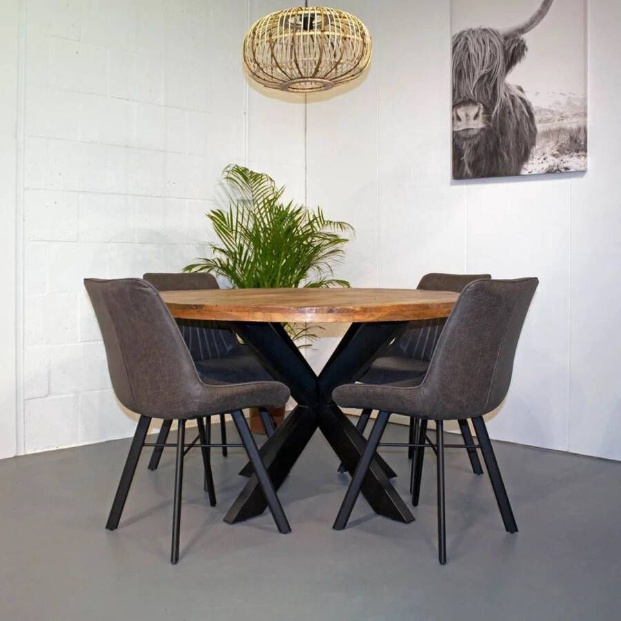 Eettafel Mango Rond 110 cm 6 cm blad dikte Spinpoot 5x10 klein Naturel met lak afgewerkt