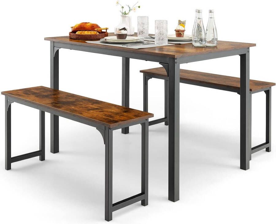 Eettafel met 2 banken keukentafel voor 2-4 personen met roestvrij metalen frame 3-delige set voor keuken woonkamer eetkamer