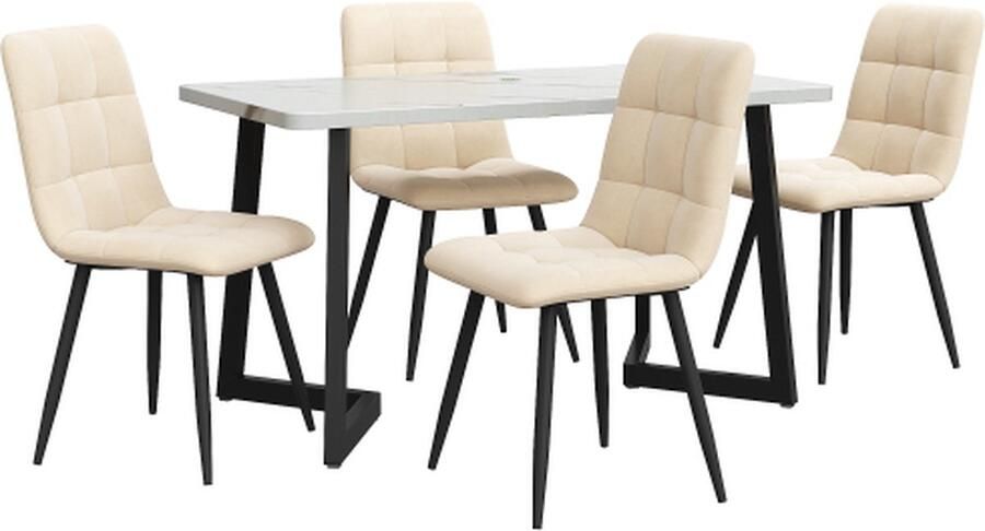 Zonder merk Gotagee Eettafel met 4 stoelen set Beige Fluweel Eetkamerstoel Keukentafelset Zwarte tafelpoten