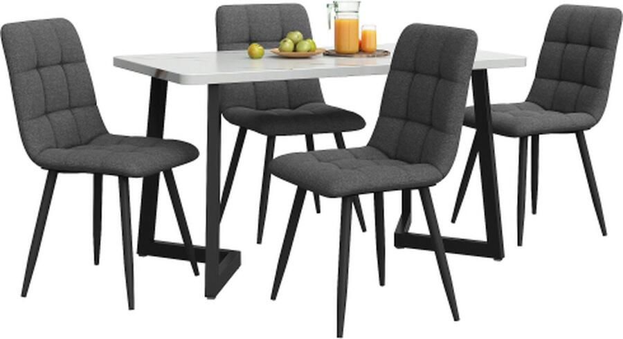 Zonder merk Gotagee Eettafel met 4 stoelen set Donkergrijs Linnen Eetkamerstoel Keukentafelset Zwarte tafelpoten