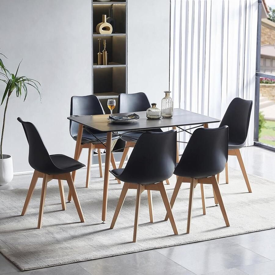 Eettafel met 6 Stoelen Set Rechthoekige Tafel 110 cm voor Eetkamer Keuken en Woonkamer Zwart
