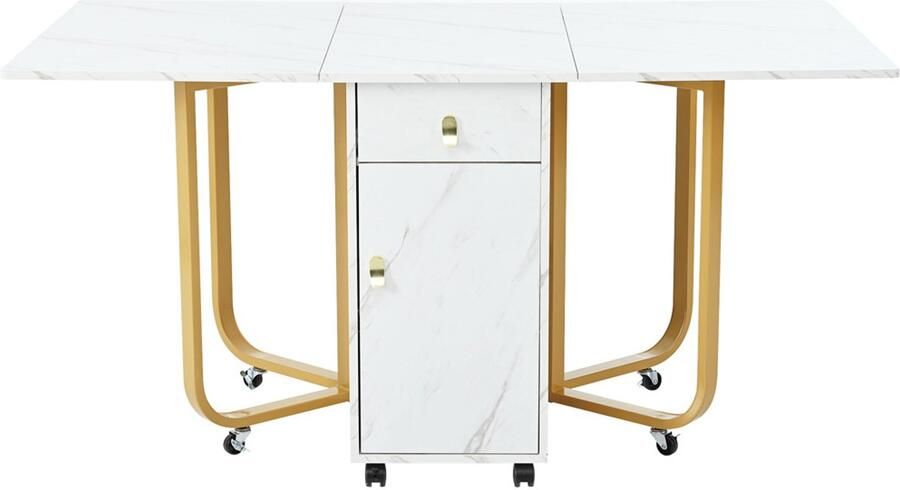 Eettafel met opvouwbaar tafelblad koffietafel multifunctionele en verrijdbare tafel met wit tafelblad in imitatie marmerlook en stevige goudkleurige metalen tafelpoten met geometrisch ontwerp voorzien van 1 lade en 1 deur 43–150 x 80 x 76 cm