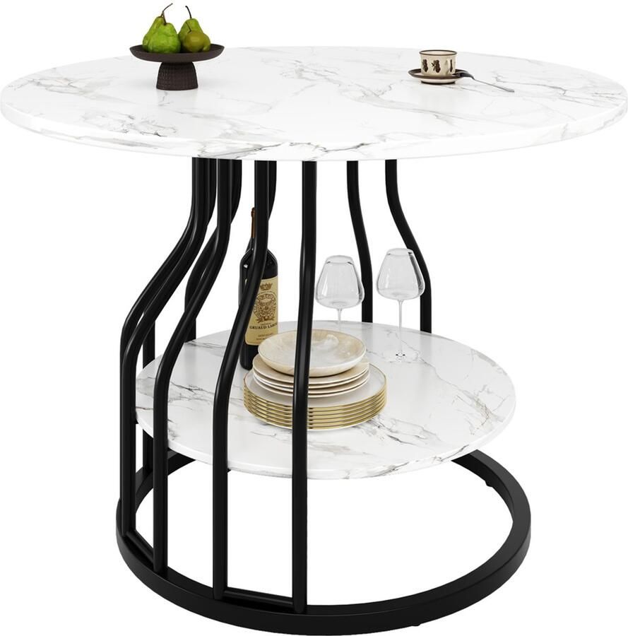 Eettafel multifunctionele ronde tafel Dubbel-laags ontwerp Ronde salontafel voor 4 personen Wit tafelblad met marmerlook en zwarte metalen poten met vloeiend design Geschikt voor eetkamer en woonkamer 80×80×76cm