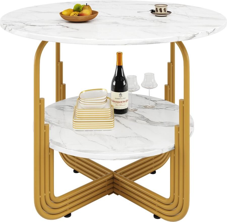Eettafel multifunctionele ronde tafel Dubbel-laags ontwerp Ronde salontafel voor 4 personen Wit tafelblad met marmerlook en gouden metalen poten in geometrisch design Geschikt voor eetkamer en woonkamer 80×80×76cm