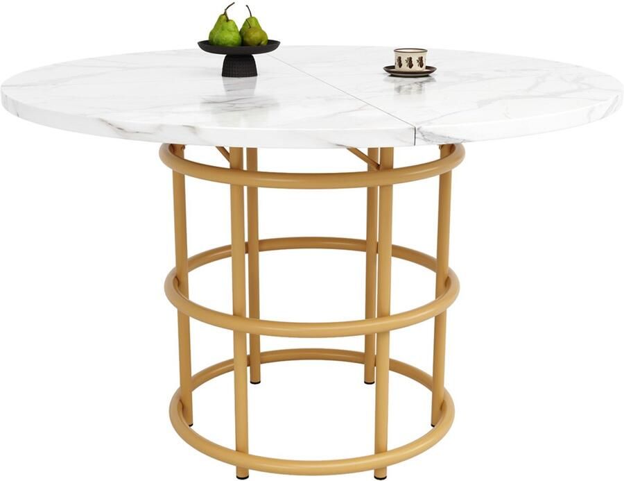 Eettafel multifunctionele ronde tafel geschikt voor 4-6 personen ronde salontafel met marmerlook tafelblad en ronde tafelpoten geschikt voor eetkamer en woonkamer 100×100×76 cm wit en goudkleurig