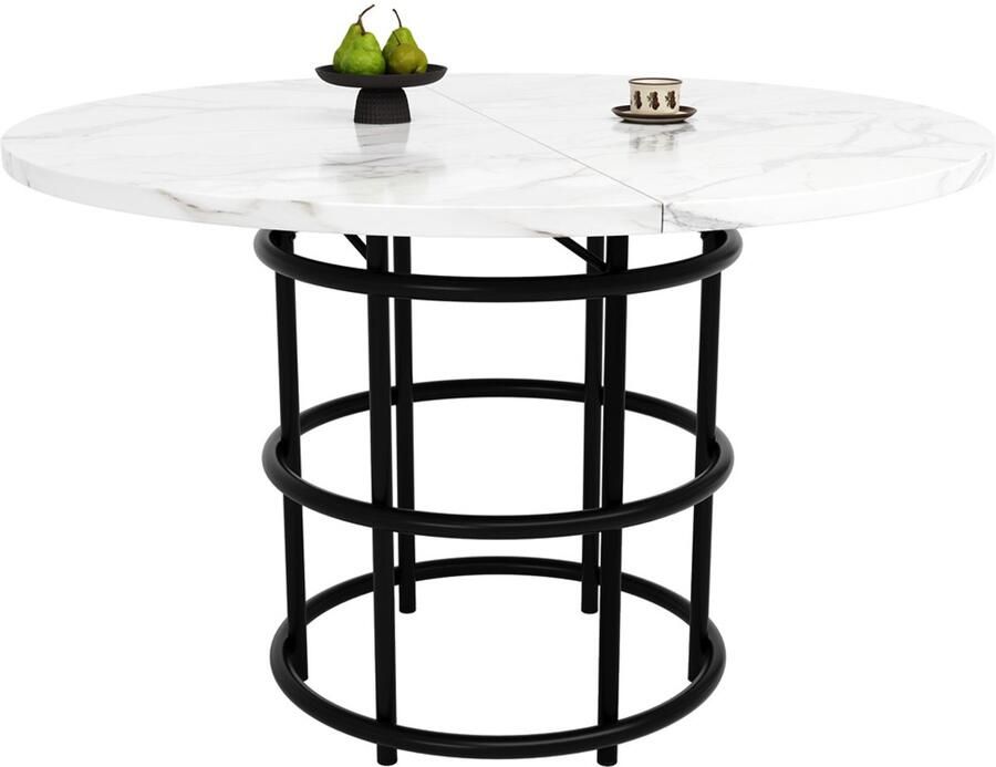 Eettafel multifunctionele ronde tafel geschikt voor 4-6 personen ronde salontafel met marmerlook tafelblad en ronde tafelpoten geschikt voor eetkamer en woonkamer 100×100×76 cm wit en zwart