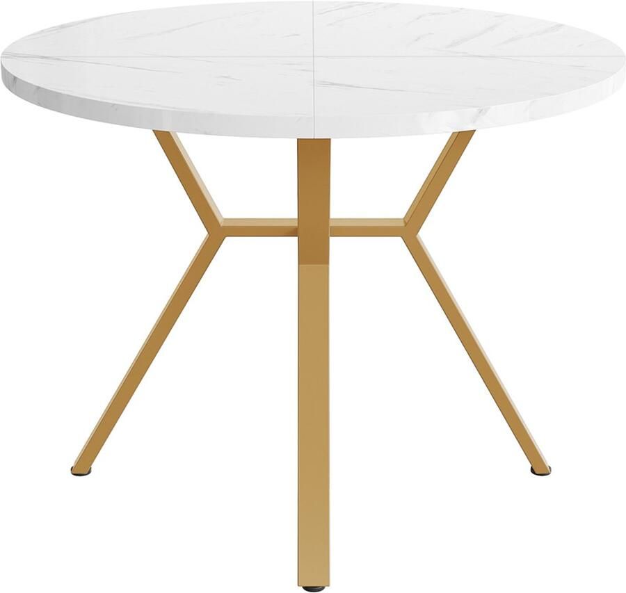 Eettafel multifunctionele ronde tafel met wit marmerlook tafelblad en gouden metalen X-vormige poten 100 x 100 x 75 cm
