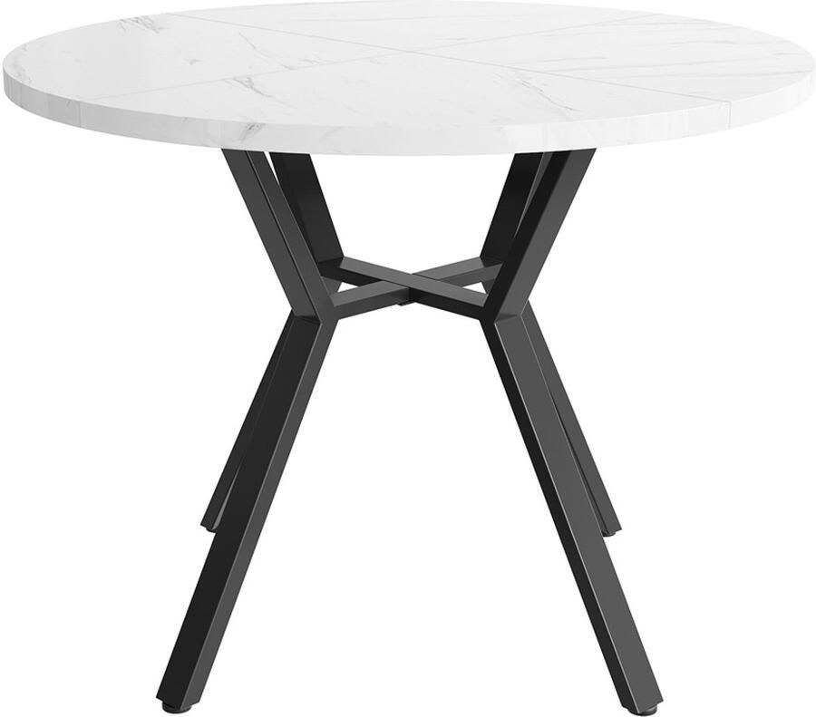 Eettafel multifunctionele ronde tafel met wit marmerlook tafelblad en zwart metalen X-vormige poten 100 x 100 x 75 cm