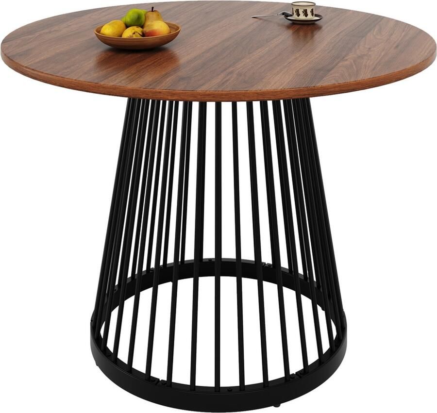Eettafel multifunctionele ronde tafel Ronde koffietafel voor 4 personen Bruin tafelblad met houtlook en zwarte metalen poten met vloeiend lijnontwerp Geschikt voor eetkamer en woonkamer 80×80×76 cm