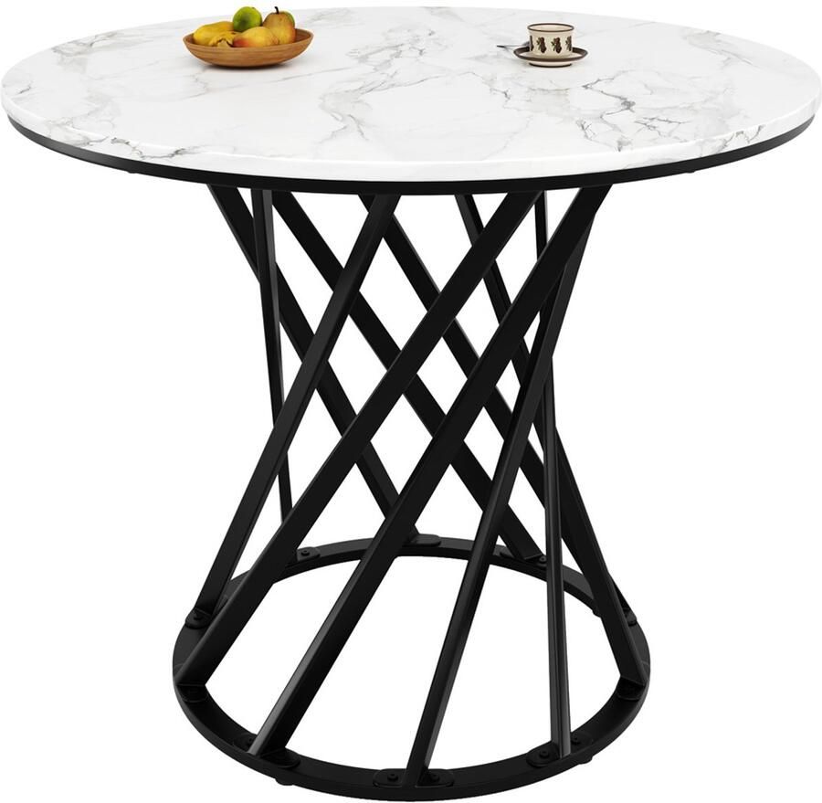 Eettafel multifunctionele ronde tafel Ronde koffietafel voor 4 personen Wit tafelblad met marmerlook en zwarte metalen poten met draaibaar lijnvormig design Geschikt voor eetkamer en woonkamer 80×80×76 cm