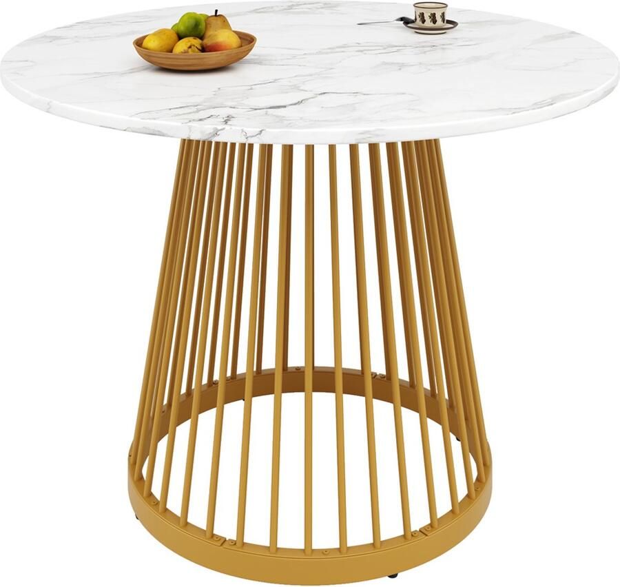 Eettafel multifunctionele ronde tafel Ronde koffietafel voor 4 personen Wit tafelblad met marmerlook en goudkleurige metalen poten met vloeiend lijnontwerp Geschikt voor eetkamer en woonkamer 80×80×76 cm