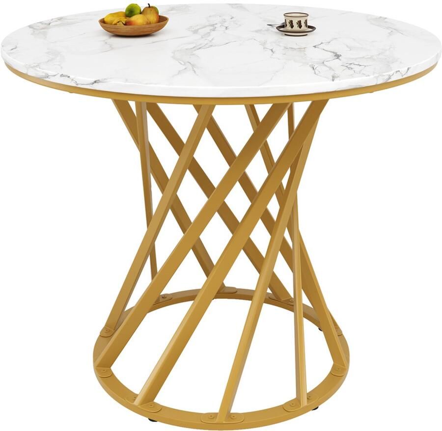 Eettafel multifunctionele ronde tafel Ronde koffietafel voor 4 personen Wit tafelblad met marmerlook en Goudkleurig metalen poten met draaibaar lijnvormig design Geschikt voor eetkamer en woonkamer 80×80×76 cm