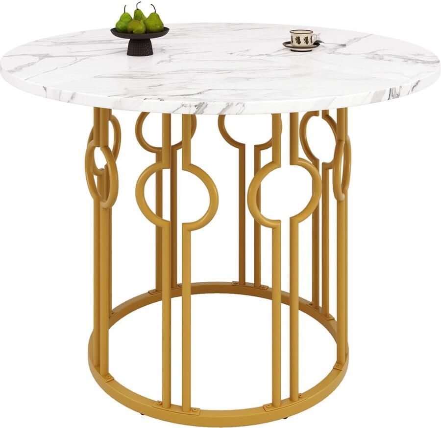Eettafel multifunctionele ronde tafel Ronde koffietafel voor 4 personen Wit tafelblad met marmerlook en goudkleurige metalen poten met speciaal design Geschikt voor eetkamer en woonkamer 100×100×76 cm
