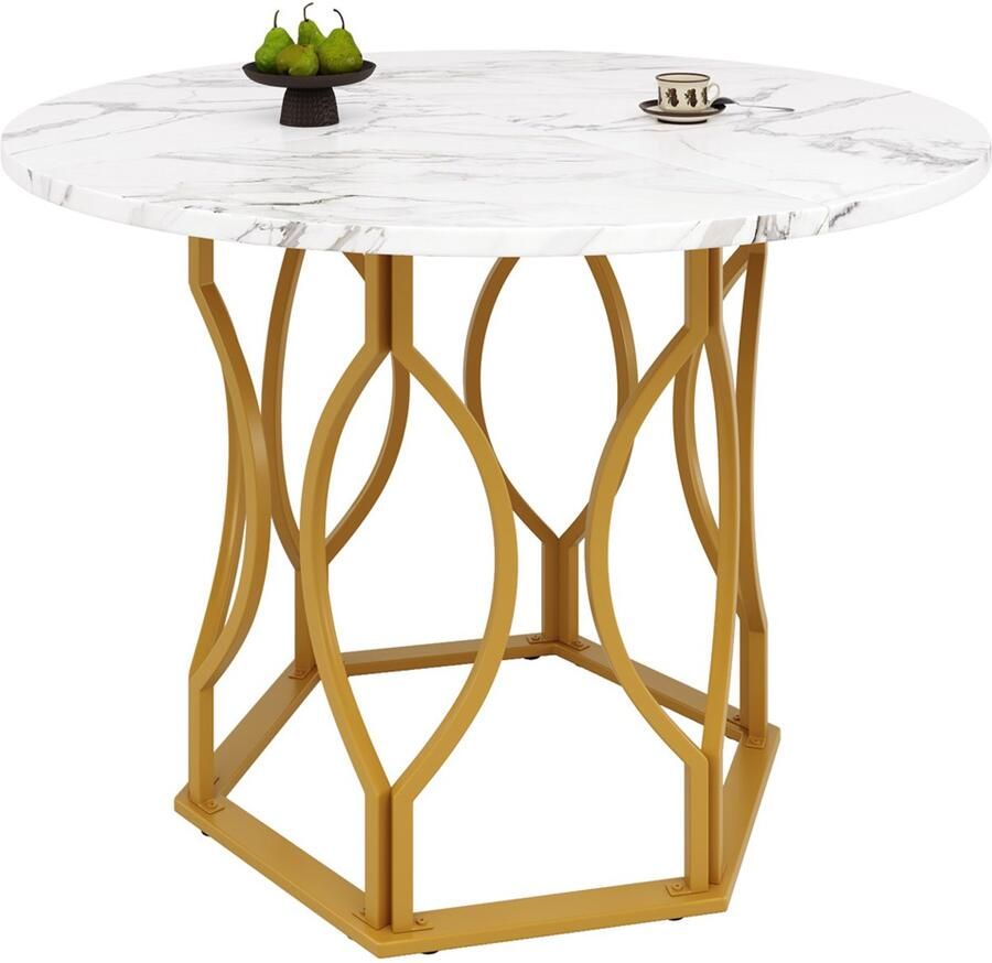 Eettafel multifunctionele ronde tafel Ronde salontafel voor 4 personen Wit tafelblad met marmerlook en gouden metalen poten in geometrisch design Geschikt voor eetkamer en woonkamer 100x100x76 cm
