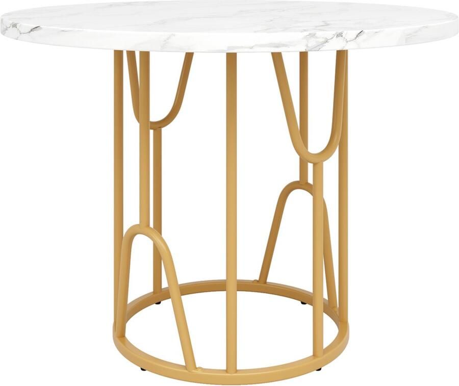 Eettafel multifunctionele ronde tafel voor 4-6 personen geschikt voor eetkamer en woonkamer licht en luxueus ontwerp met marmerlook tafelblad en gouden geometrische metalen poten 80 x 80 x 76 cm