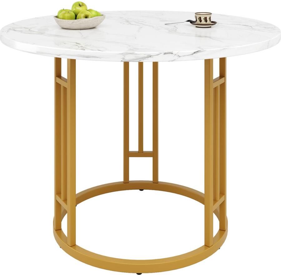 Eettafel multifunctionele ronde tafel Wit tafelblad met marmerlook en gouden stijlvolle metalen poten Geschikt voor maximaal 4 personen Geschikt voor eetkamer en woonkamer 80×80×76cm