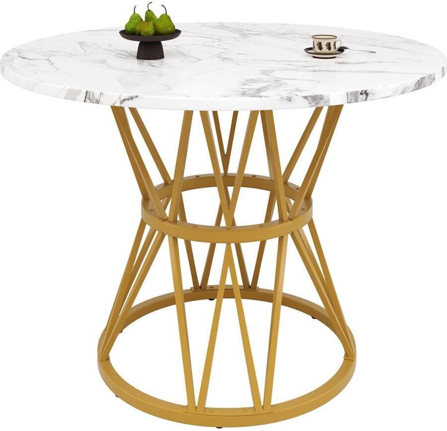 Eettafel multifunctionele ronde tafel Wit tafelblad met marmerlook en Goudkleurig stijlvolle metalen tafelpoten in geometrisch design Geschikt voor maximaal 4 personen Geschikt voor eetkamer en woonkamer 100×100×76cm