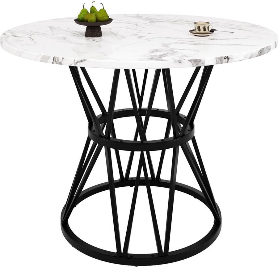 Eettafel multifunctionele ronde tafel Wit tafelblad met marmerlook en zwarte stijlvolle metalen tafelpoten in geometrisch design Geschikt voor maximaal 4 personen Geschikt voor eetkamer en woonkamer 100×100×76cm