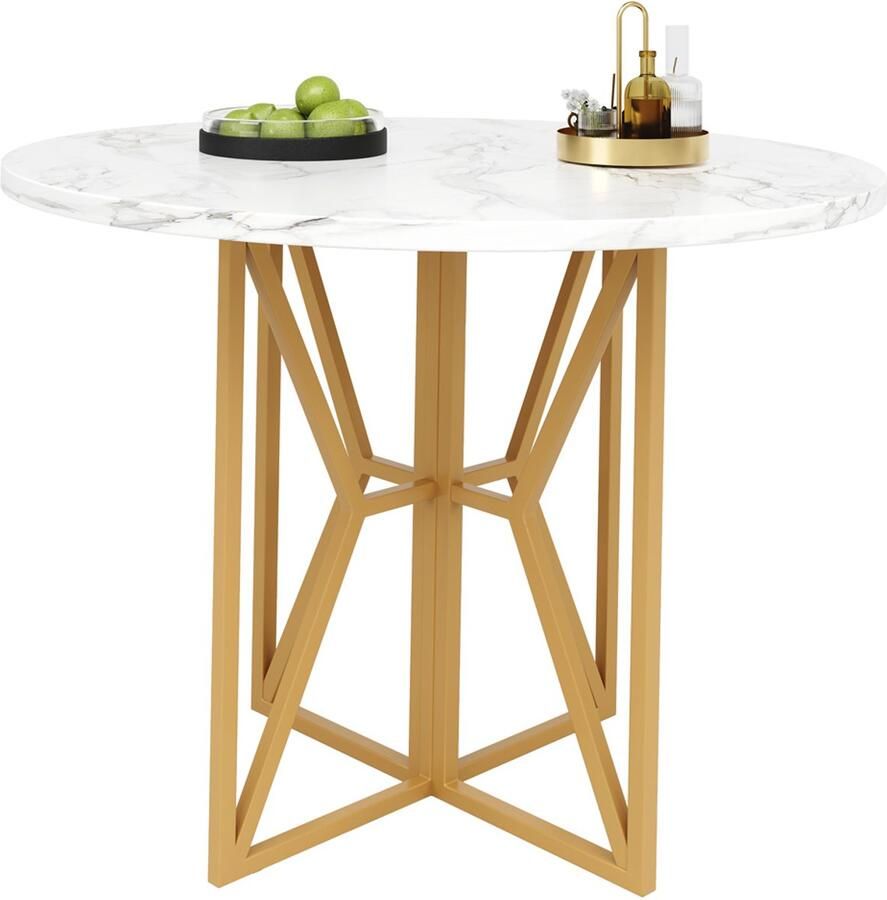 Eettafel multifunctionele tafel licht en luxueuze ronde tafel geschikt voor 4-6 personen ideaal voor de eetkamer en woonkamer wit tafelblad met marmerlook gecombineerd met goudkleurige tafelpoten 80 x 80 x 76 cm