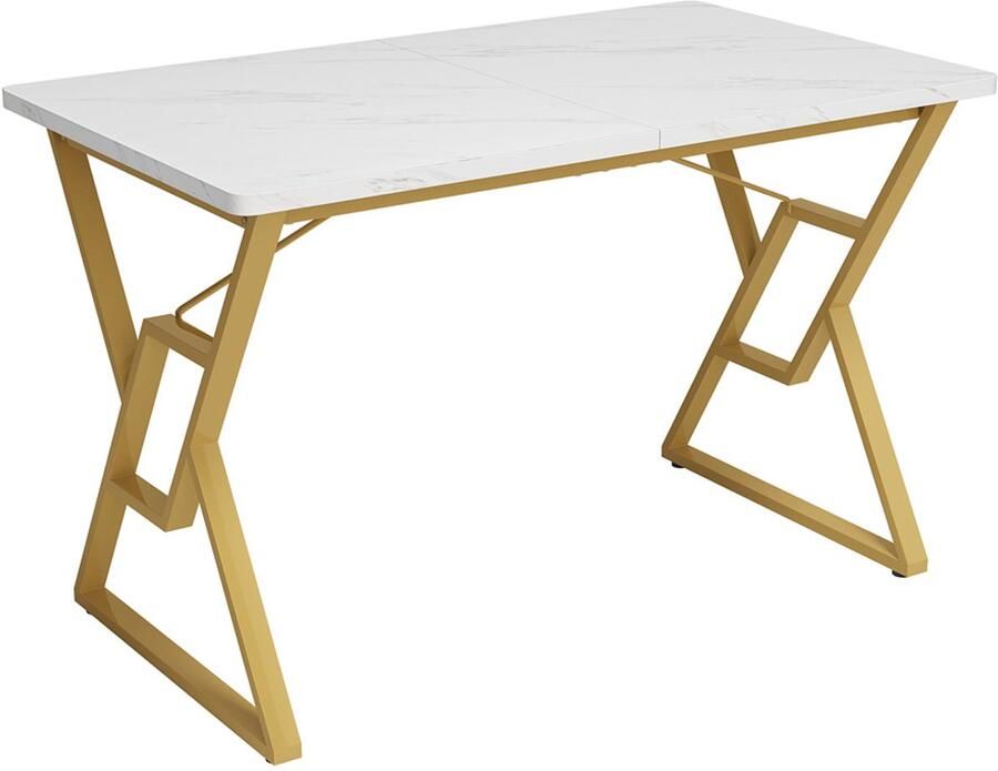 Eettafel Multifunctionele tafel met een stijlvol tafelblad in imitatie marmerlook en stevige gouden metalen tafelpoten in geometrisch ontwerp aan beide zijden geschikt voor keuken eetkamer en woonkamer 119×70×75 cm wit + goud