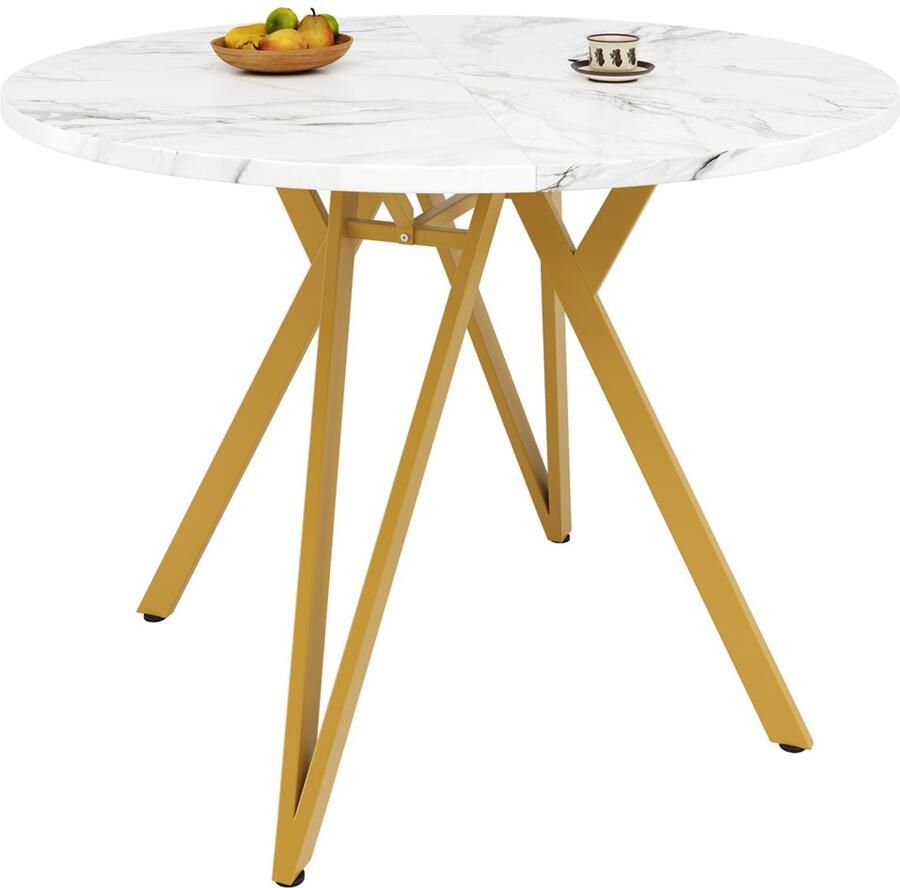 Eettafel multifunctionele tafel met marmerlook tafelblad en Goudkleurig stijlvolle metalen poten geschikt voor eetkamer en woonkamer 100×100×76 cm