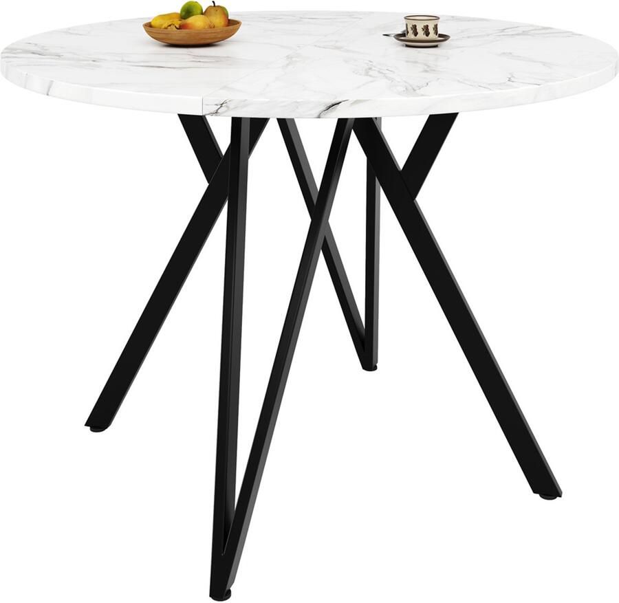 Eettafel multifunctionele tafel met marmerlook tafelblad en zwarte stijlvolle metalen poten geschikt voor eetkamer en woonkamer 100×100×76 cm zwart