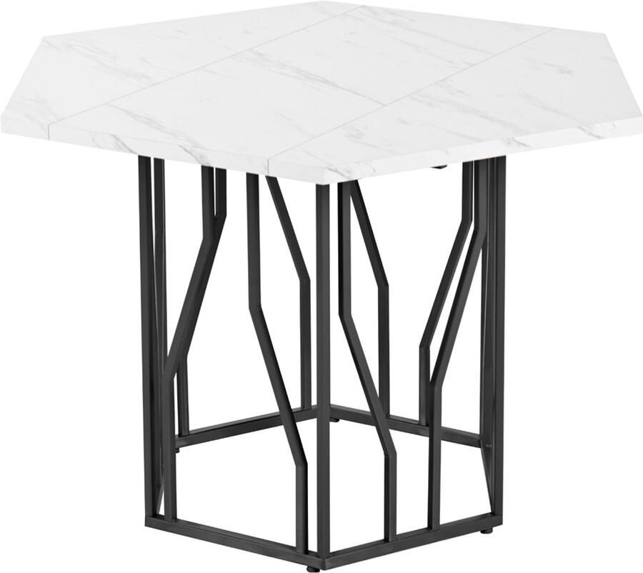 Eettafel multifunctionele tafel modern zeshoekig met marmerlook en zwart metalen onderstel geschikt voor eetkamer en woonkamer 115 5 x 100 x 75 cm