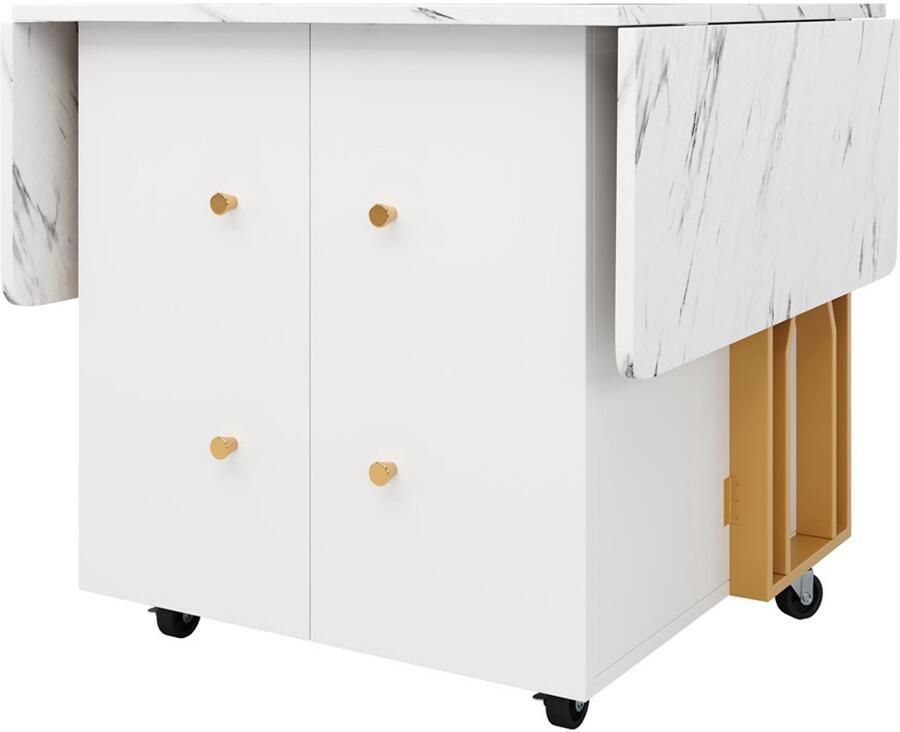 Eettafel Opvouwbare en verrijdbare multifunctionele vierkante tafel met een tafelblad met marmerlook en goudkleurig tafelpoten voorzien van 2 deuren 80–140 × 75 × 76 3 cm