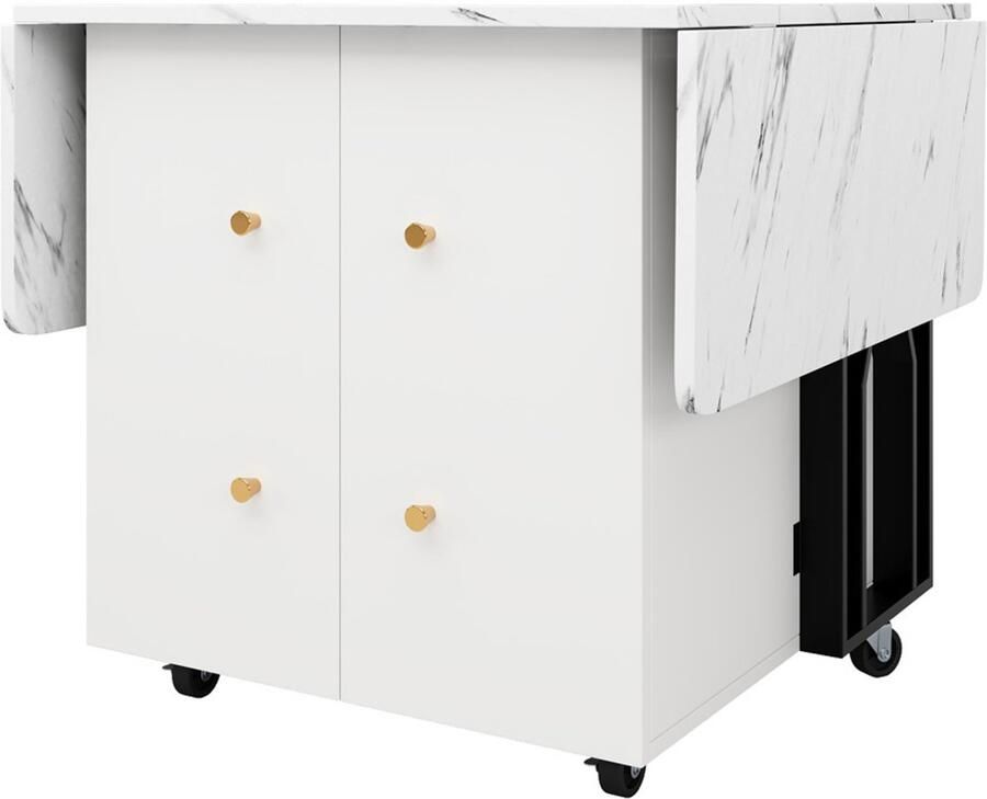 Eettafel Opvouwbare en verrijdbare multifunctionele vierkante tafel met een tafelblad met marmerlook en zwarte tafelpoten voorzien van 2 deuren 80–140 × 75 × 76 3 cm