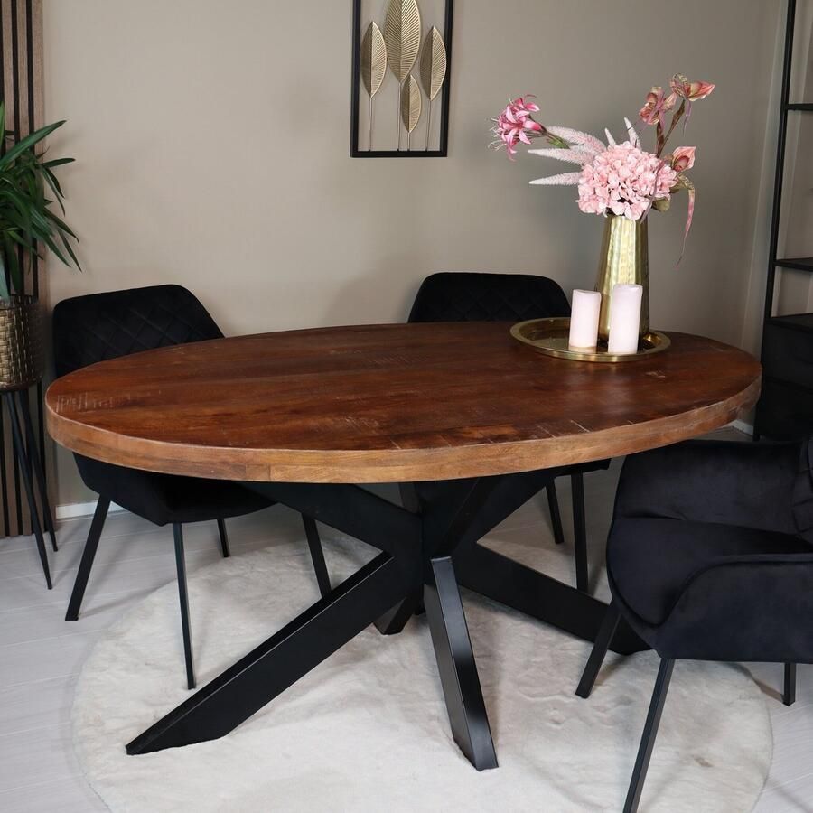 Lizzely Garden & Living Eettafel ovaal mangohout 160cm James bruin ovale industriële tafel duurzaam mango eetkamertafel - Foto 2