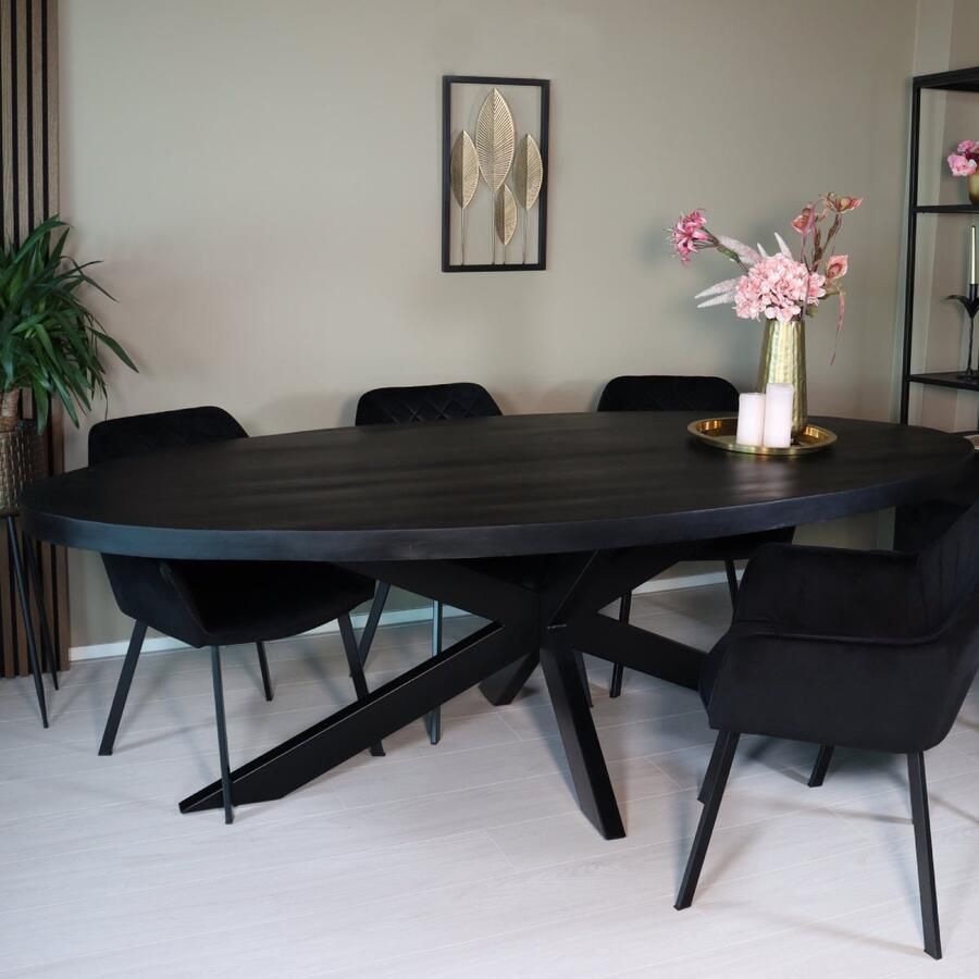 Lizzely Garden & Living Eettafel ovaal mangohout 240cm James zwart ovale industriële tafel duurzaam mango eetkamertafel